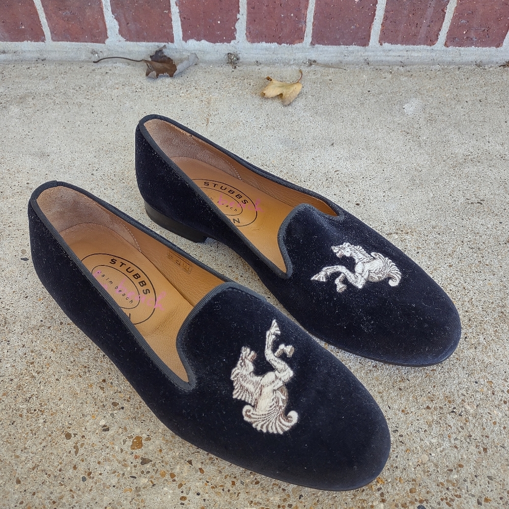 Stubbs & Wootton Women's Black Velvet Slip On Flats Embroidered Horse Size 10.5